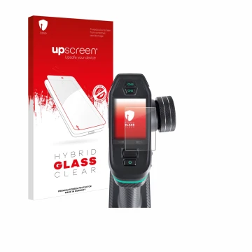 Parte frontal de un envase de producto con el logotipo de la marca upscreen. Al lado se muestra el dispositivo DumboRC DDF-350