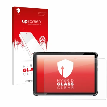 Parte frontal de un envase de producto con el logotipo de la marca upscreen. Al lado se muestra el dispositivo Oukitel RT6 con