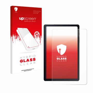 Parte frontal de un envase de producto con el logotipo de la marca upscreen. Al lado se muestra el dispositivo Samsung Galaxy 