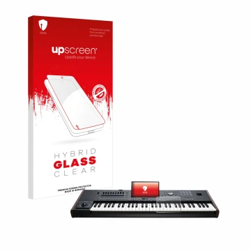 Parte frontal de un envase de producto con el logotipo de la marca upscreen. Al lado se muestra el dispositivo KORG Pa5X con s