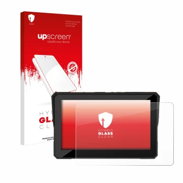 Parte frontal de un envase de producto con el logotipo de la marca upscreen. Al lado se muestra el dispositivo Carpuride W502 