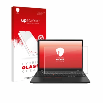 Parte frontal de un envase de producto con el logotipo de la marca upscreen. Al lado se muestra el dispositivo Lenovo ThinkPad