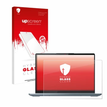 Parte frontal de un envase de producto con el logotipo de la marca upscreen. Al lado se muestra el dispositivo Lenovo IdeaPad 