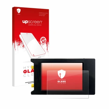 Parte frontal de un envase de producto con el logotipo de la marca upscreen. Al lado se muestra el dispositivo LiteVNA 64 con 
