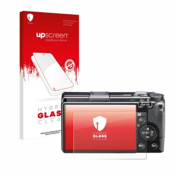 Parte frontal de un envase de producto con el logotipo de la marca upscreen. Al lado se muestra el dispositivo Ricoh GR III HD
