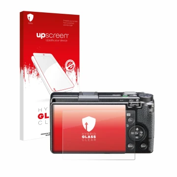 Parte frontal de un envase de producto con el logotipo de la marca upscreen. Al lado se muestra el dispositivo Ricoh GR IIIx H