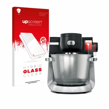 Parte frontal de un envase de producto con el logotipo de la marca upscreen. Al lado se muestra el dispositivo Bosch MUM Serie