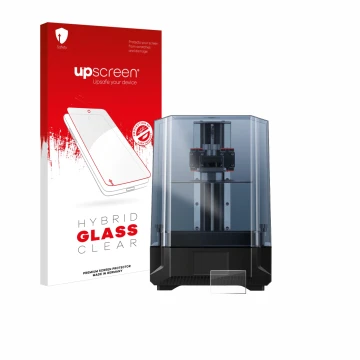 Parte frontal de un envase de producto con el logotipo de la marca upscreen. Al lado se muestra el dispositivo Anycubic Photon