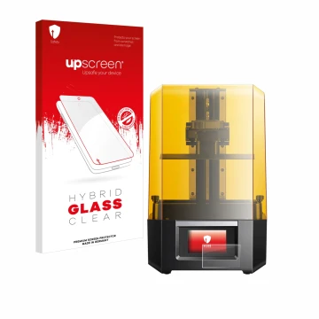 Parte frontal de un envase de producto con el logotipo de la marca upscreen. Al lado se muestra el dispositivo Anycubic Photon
