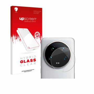 Parte frontal de un envase de producto con el logotipo de la marca upscreen. Al lado se muestra el dispositivo Xiaomi 14 Ultra