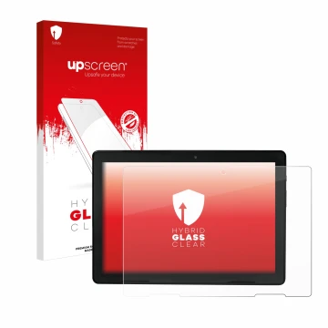 Parte frontal de un envase de producto con el logotipo de la marca upscreen. Al lado se muestra el dispositivo MEDION E10900 1