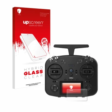 Parte frontal de un envase de producto con el logotipo de la marca upscreen. Al lado se muestra el dispositivo FrSky TWIN X14 