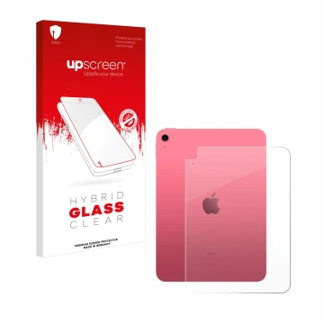 Parte frontal de un envase de producto con el logotipo de la marca upscreen. Al lado se muestra el dispositivo Apple iPad 10.9