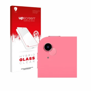 Parte frontal de un envase de producto con el logotipo de la marca upscreen. Al lado se muestra el dispositivo Apple iPad 10.9