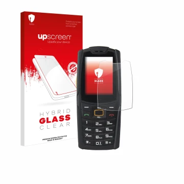 Parte frontal de un envase de producto con el logotipo de la marca upscreen. Al lado se muestra el dispositivo AGM M6 con su p
