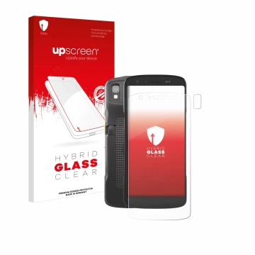 Parte frontal de un envase de producto con el logotipo de la marca upscreen. Al lado se muestra el dispositivo Zebra TC22 (Fro