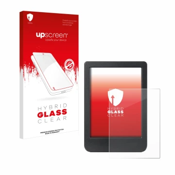 Parte frontal de un envase de producto con el logotipo de la marca upscreen. Al lado se muestra el dispositivo Kobo Clara Colo