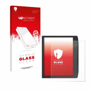 Parte frontal de un envase de producto con el logotipo de la marca upscreen. Al lado se muestra el dispositivo PocketBook Era 