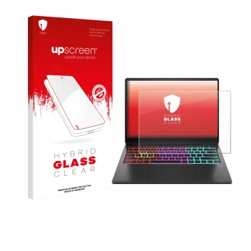 Parte frontal de un envase de producto con el logotipo de la marca upscreen. Al lado se muestra el dispositivo HP Omen Transce