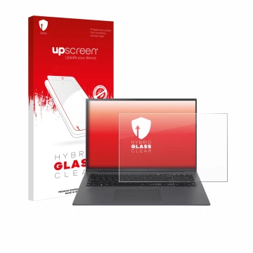 Parte frontal de un envase de producto con el logotipo de la marca upscreen. Al lado se muestra el dispositivo LG gram 17