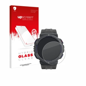 Parte frontal de un envase de producto con el logotipo de la marca upscreen. Al lado se muestra el dispositivo Amazfit Active 