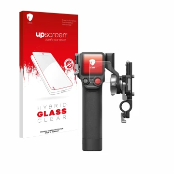 Parte frontal de un envase de producto con el logotipo de la marca upscreen. Al lado se muestra el dispositivo DJI Focus Pro- 