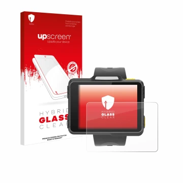 Parte frontal de un envase de producto con el logotipo de la marca upscreen. Al lado se muestra el dispositivo Newland WD1 con