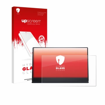 Parte frontal de un envase de producto con el logotipo de la marca upscreen. Al lado se muestra el dispositivo Dell P1424H con