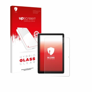 Parte frontal de un envase de producto con el logotipo de la marca upscreen. Al lado se muestra el dispositivo Blackview Tab 7