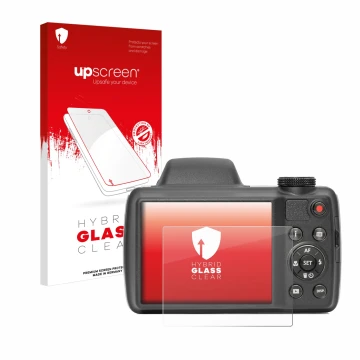 Parte frontal de un envase de producto con el logotipo de la marca upscreen. Al lado se muestra el dispositivo Kodak Pixpro AZ