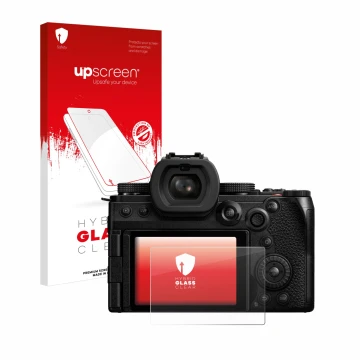 Parte frontal de un envase de producto con el logotipo de la marca upscreen. Al lado se muestra el dispositivo Panasonic Lumix