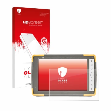 Parte frontal de un envase de producto con el logotipo de la marca upscreen. Al lado se muestra el dispositivo Topcon FC-6000 
