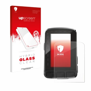 Parte frontal de un envase de producto con el logotipo de la marca upscreen. Al lado se muestra el dispositivo Wahoo Elemnt Ro