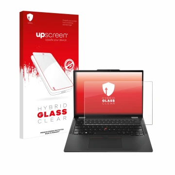 Parte frontal de un envase de producto con el logotipo de la marca upscreen. Al lado se muestra el dispositivo Lenovo ThinkPad