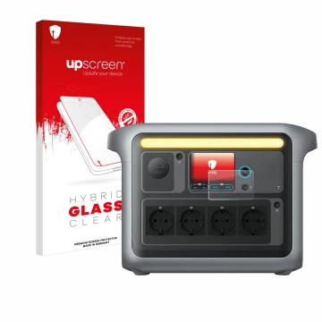 Parte frontal de un envase de producto con el logotipo de la marca upscreen. Al lado se muestra el dispositivo Anker SOLIX C10