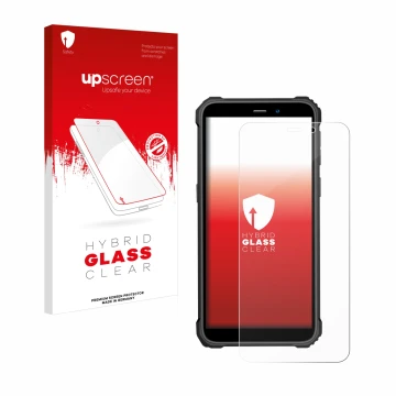 Parte frontal de un envase de producto con el logotipo de la marca upscreen. Al lado se muestra el dispositivo Oukitel WP32 co