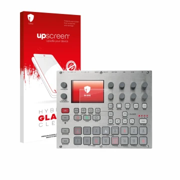 Parte frontal de un envase de producto con el logotipo de la marca upscreen. Al lado se muestra el dispositivo Elektron Syntak