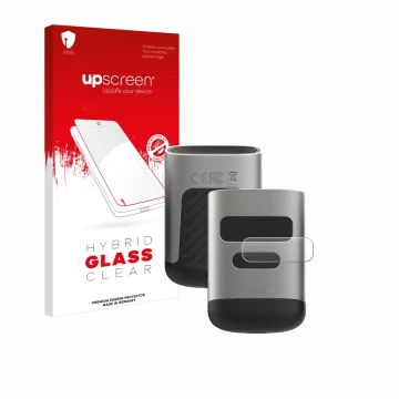 Parte frontal de un envase de producto con el logotipo de la marca upscreen. Al lado se muestra el dispositivo Opticon OPN-600
