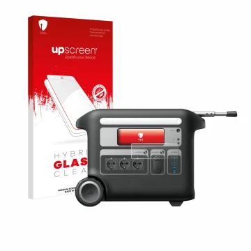 Parte frontal de un envase de producto con el logotipo de la marca upscreen. Al lado se muestra el dispositivo Anker SOLIX F20