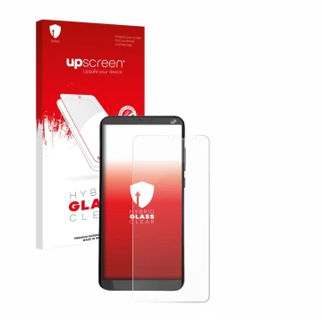 Parte frontal de un envase de producto con el logotipo de la marca upscreen. Al lado se muestra el dispositivo Brondi Amico XL