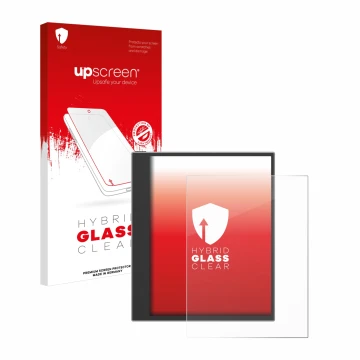 Parte frontal de un envase de producto con el logotipo de la marca upscreen. Al lado se muestra el dispositivo PocketBook InkP
