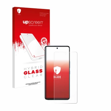 Parte frontal de un envase de producto con el logotipo de la marca upscreen. Al lado se muestra el dispositivo Infinix GT 20 P