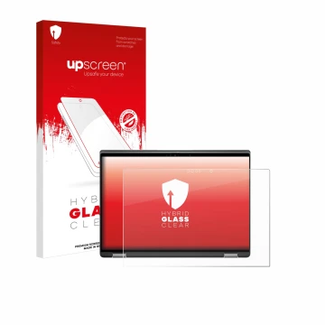 Parte frontal de un envase de producto con el logotipo de la marca upscreen. Al lado se muestra el dispositivo Dell Latitude 7