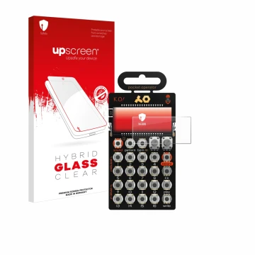 Parte frontal de un envase de producto con el logotipo de la marca upscreen. Al lado se muestra el dispositivo Teenage Enginee