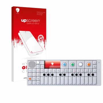 Parte frontal de un envase de producto con el logotipo de la marca upscreen. Al lado se muestra el dispositivo Teenage Enginee