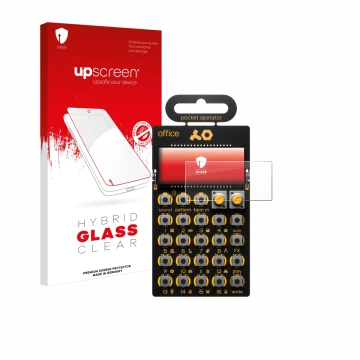 Parte frontal de un envase de producto con el logotipo de la marca upscreen. Al lado se muestra el dispositivo Teenage Enginee