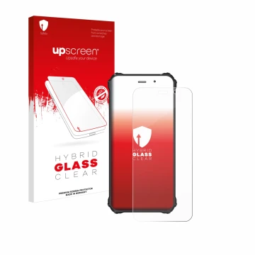 Parte frontal de un envase de producto con el logotipo de la marca upscreen. Al lado se muestra el dispositivo Fossibot F101P 