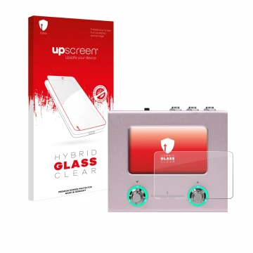 Parte frontal de un envase de producto con el logotipo de la marca upscreen. Al lado se muestra el dispositivo Hotone Ampero M
