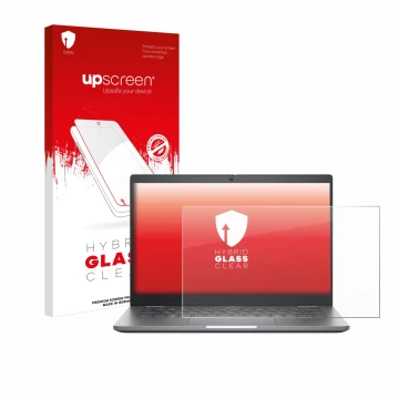 Parte frontal de un envase de producto con el logotipo de la marca upscreen. Al lado se muestra el dispositivo Dell Latitude 5