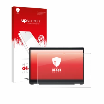 Parte frontal de un envase de producto con el logotipo de la marca upscreen. Al lado se muestra el dispositivo Dell Latitude 5